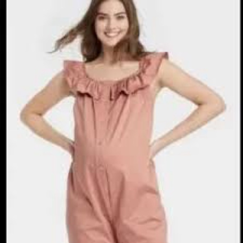 Hatch Maternity Ruffled Off-Shoulder Jumpsuit in Dusty Pink Cotton Blend Buttons - Picture 3 of 9